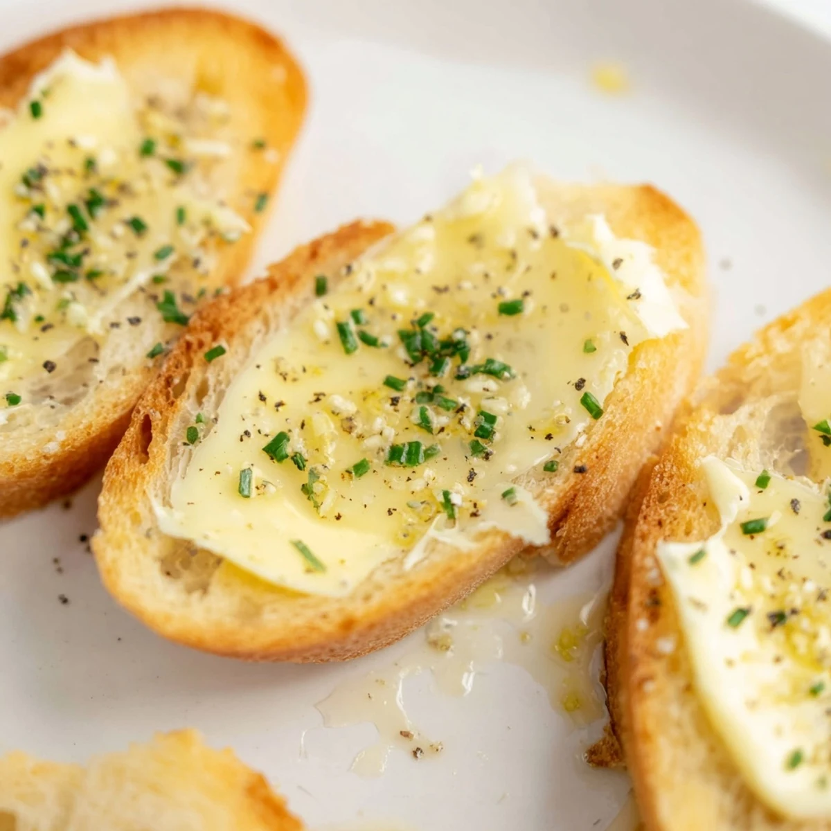 Crisp golden Vodka Butter Crostini, ready to serve and topped with creamy, seasoned butter.