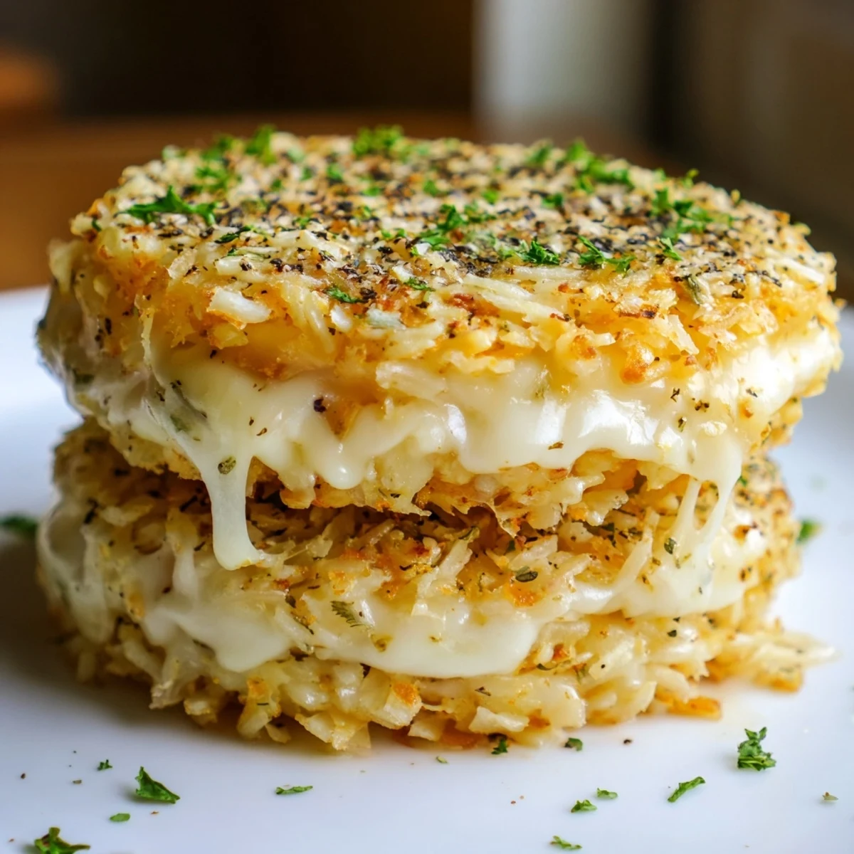 Golden layers in this photo of Crispy Rice Cake Cheese Stacks, baked until the cheese bubbles.