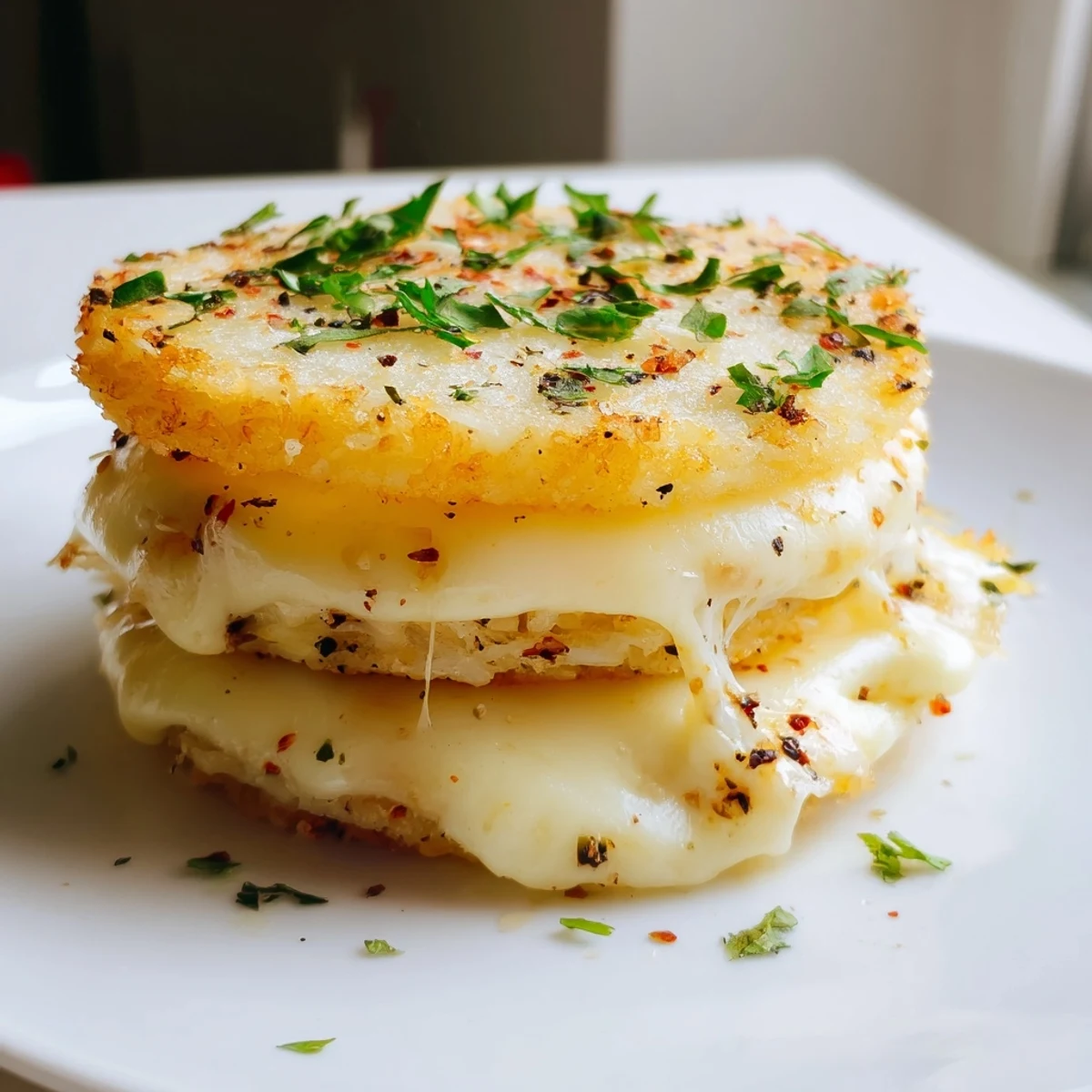 Perfectly browned Crispy Rice Cake Cheese Stacks, a vegetarian snack sprinkled with fresh parsley.