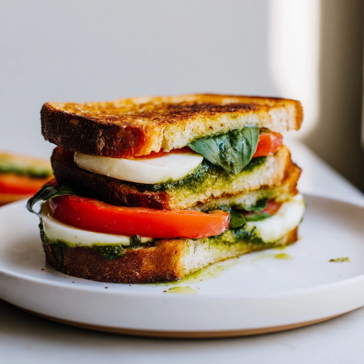 Golden-brown Panini Press Innovations, filled with melted cheese and fresh, vibrant ingredients.