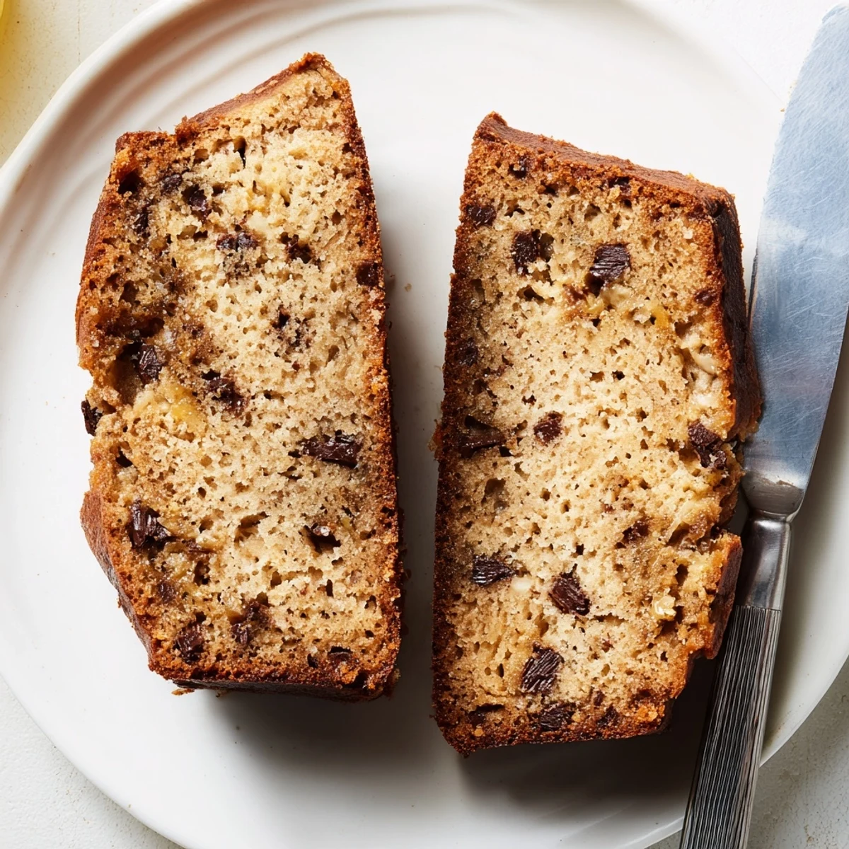 Golden, crusty banana bread loaf with chocolate chips, perfect for a satisfying breakfast treat.