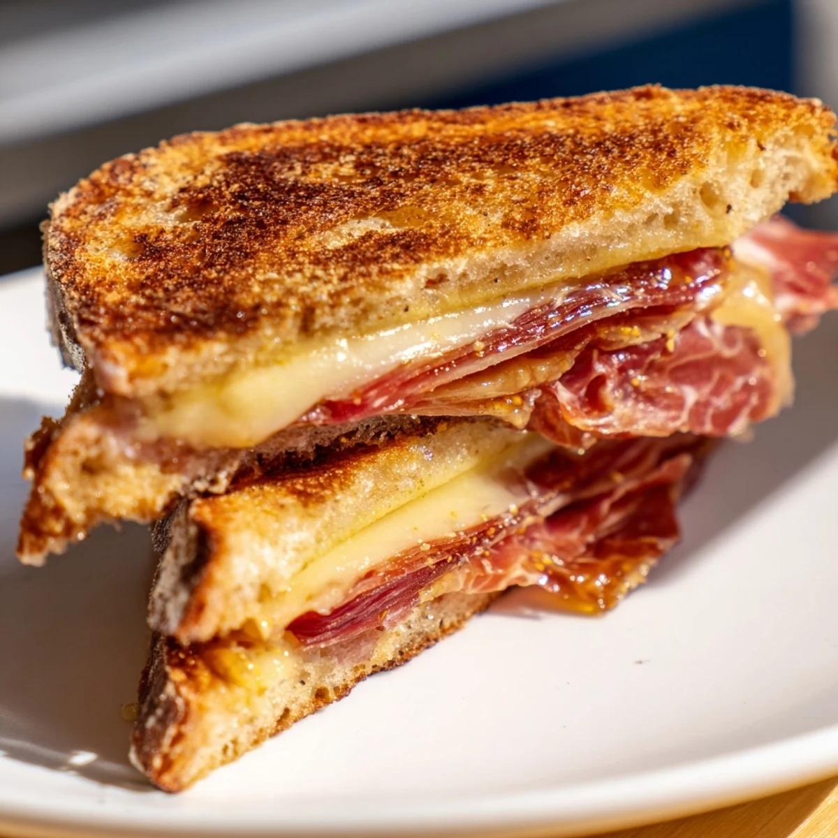 Golden, crispy Crispy Prosciutto & Fig Panini with bubbling cheese, ready to be sliced and enjoyed.
