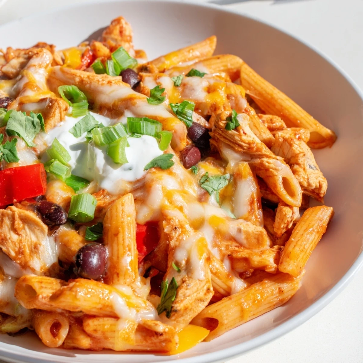 A creamy, cheesy Chicken Enchilada Pasta, showcasing melted cheese over a bubbling skillet.