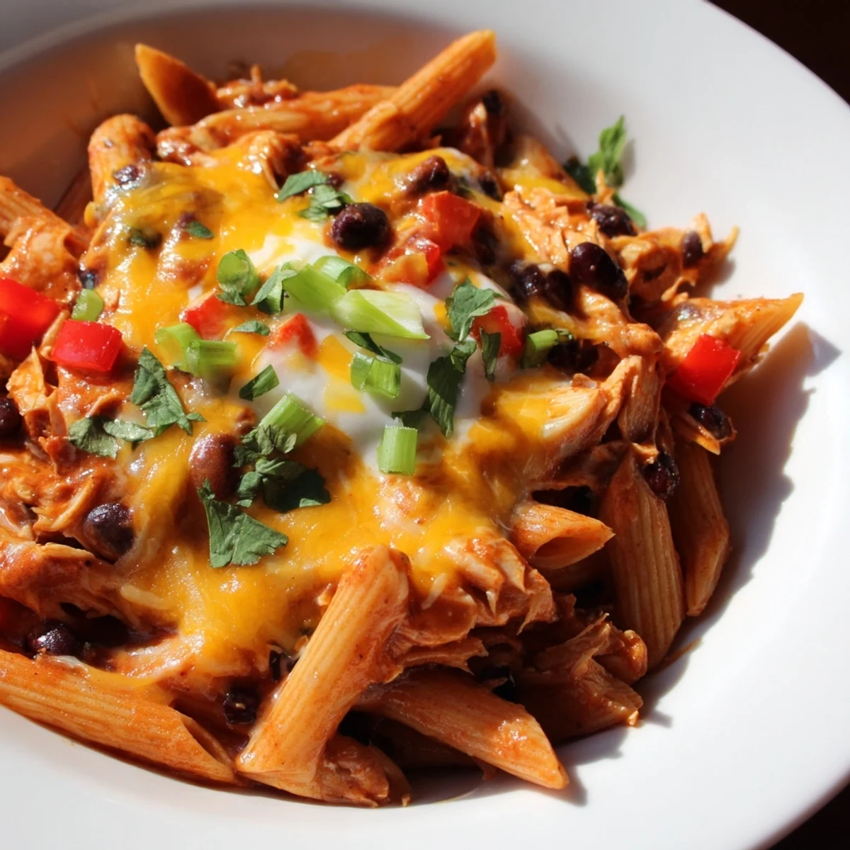 This delicious Chicken Enchilada Pasta features tender chicken, flavorful sauce, and colorful bell peppers.