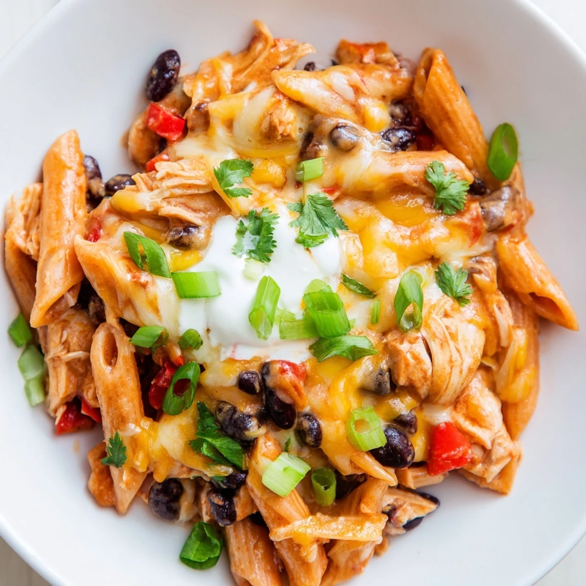 Imagine hearty Chicken Enchilada Pasta, a Tex-Mex delight with a bubbly, cheese-covered top.