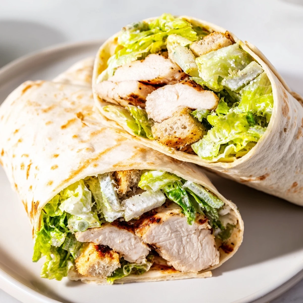 Grilled Caesar chicken salad wrap, overflowing with romaine, parmesan, and creamy Caesar flavor.