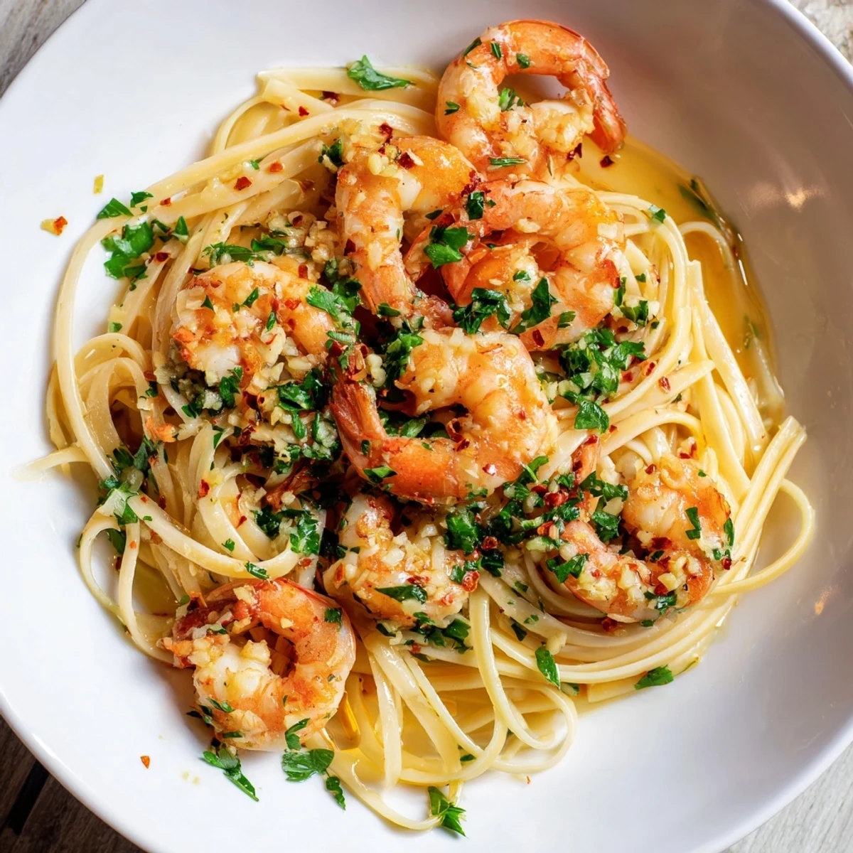 A close-up of buttery Garlic Butter Shrimp Linguine, garnished with fresh parsley and lemon zest.