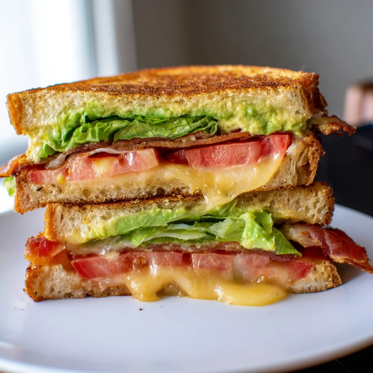 Buttery sourdough embracing creamy avocado, bacon and tomato in this irresistible grilled cheese BLT.