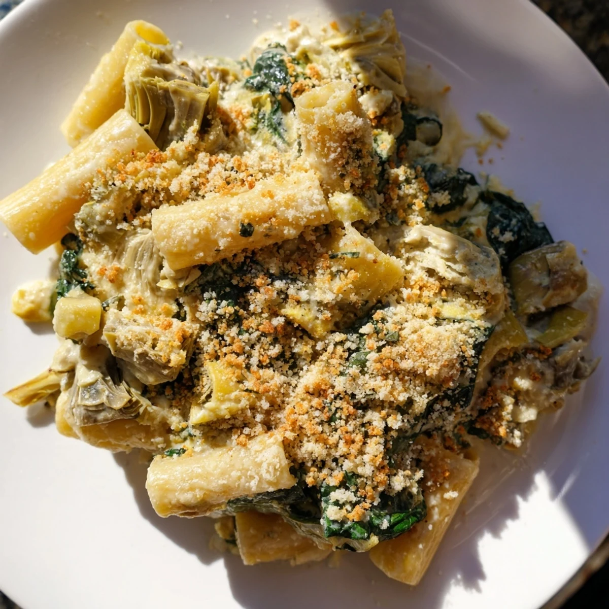 Golden-brown Artichoke Pasta Bake bubbling in a casserole dish, promising a rich, creamy dinner.