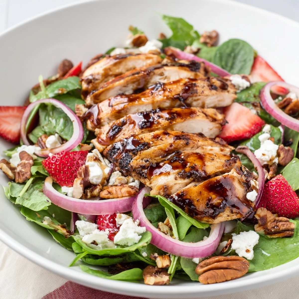 A close-up of vibrant Honey Balsamic Chicken Salad, with mixed greens and a sweet balsamic drizzle.