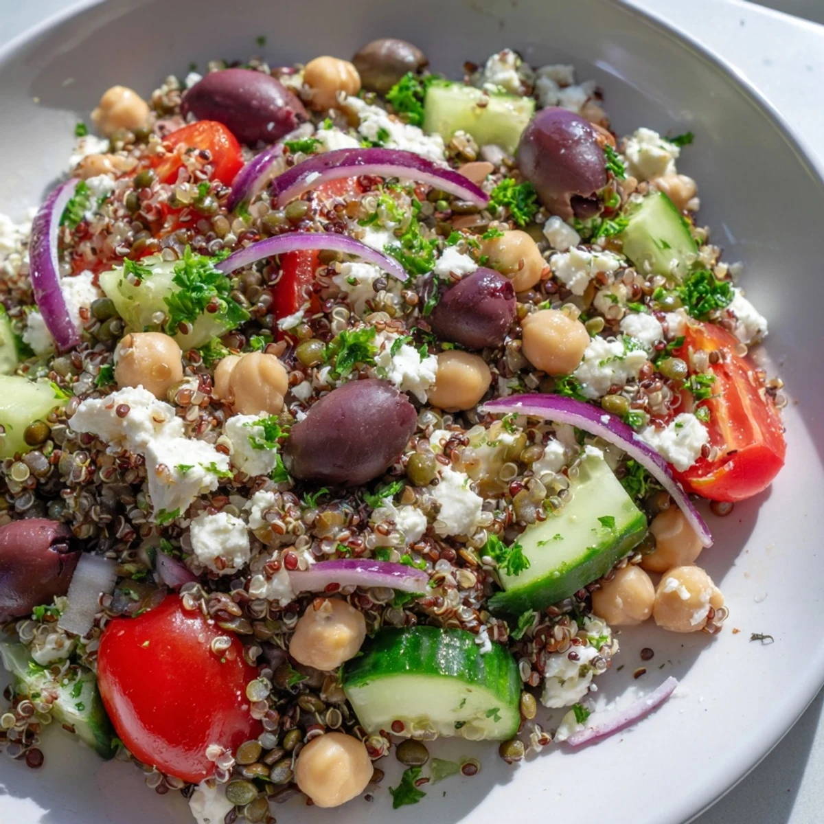 Greek Power Salad, colorful with fresh veggies, lentils, and quinoa, ready to eat with zesty dressing.