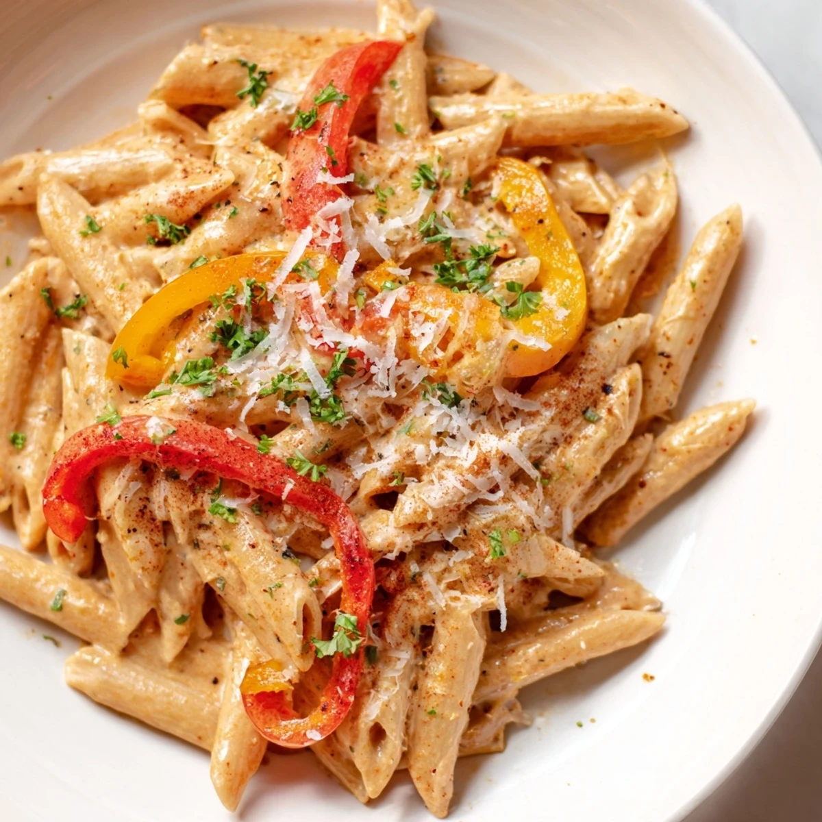 Creamy Cajun Pasta with roasted red peppers, a vibrant and flavorful vegetarian dinner.