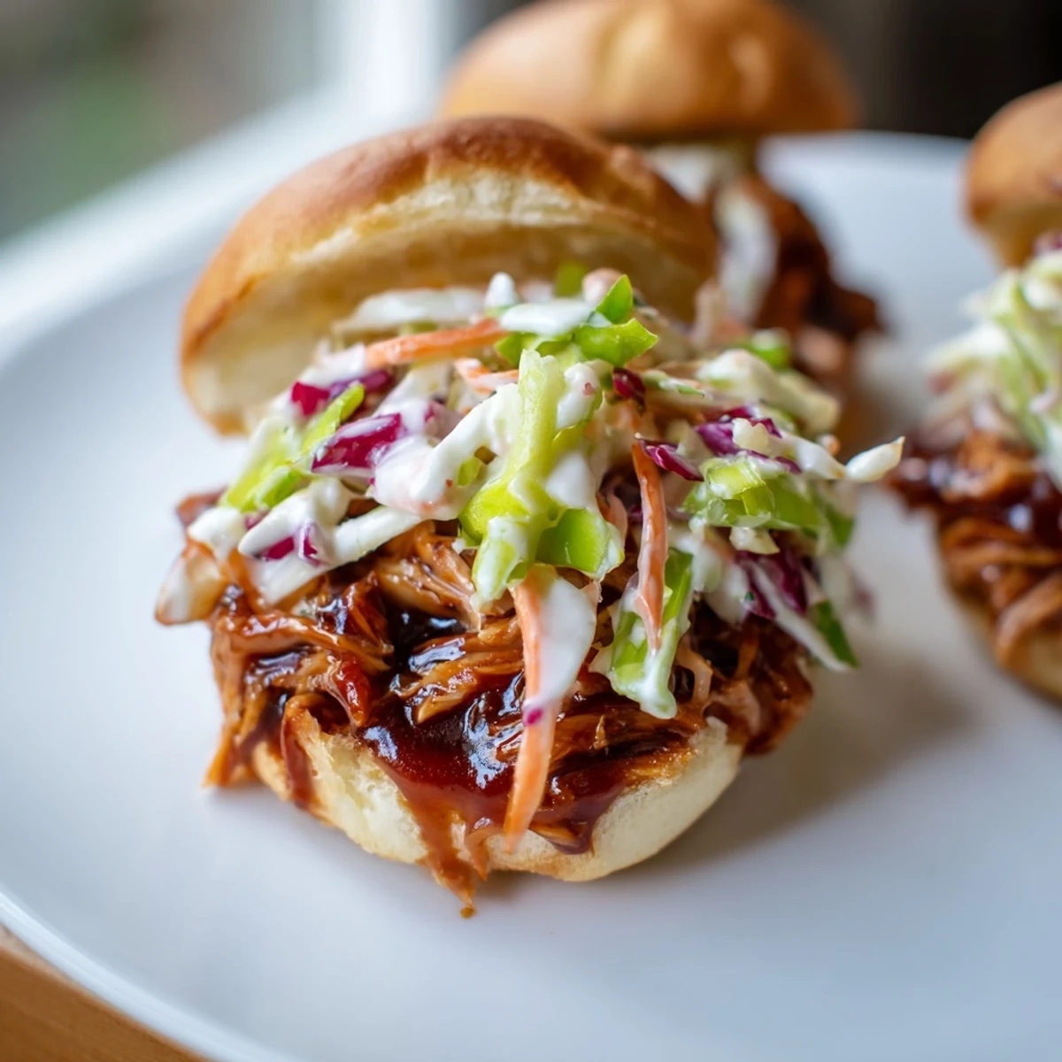 Golden-brown BBQ Chicken Sliders, bursting with juicy pulled chicken and creamy, cool slaw.