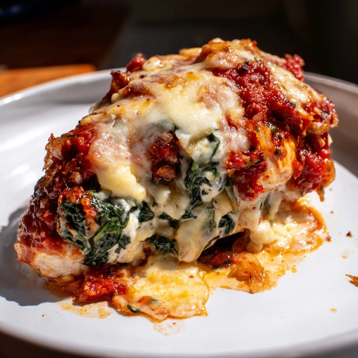 Spinach Ricotta Stuffed Chicken, baked in a rich tomato sauce, steaming and ready to serve.
