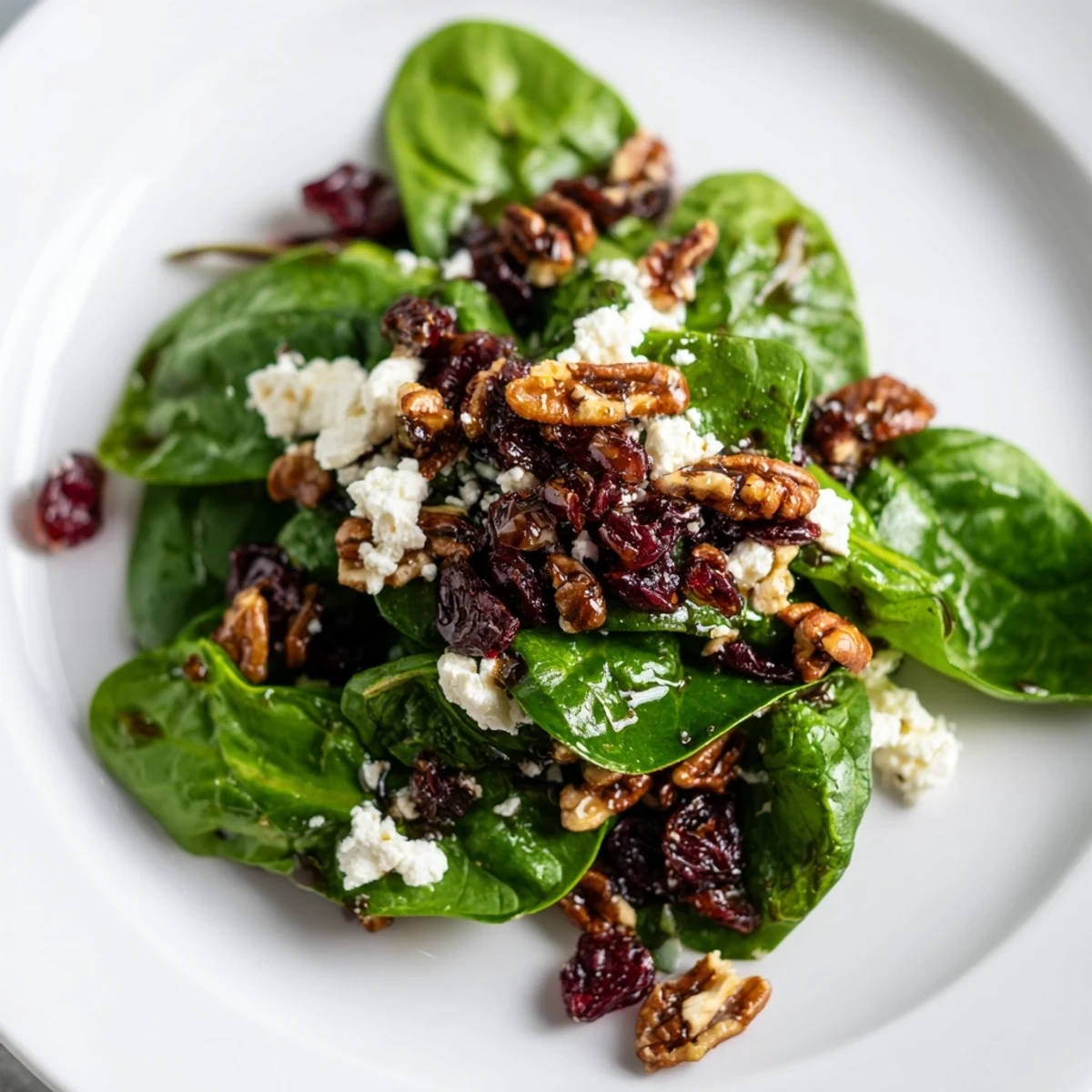 Fresh spinach goat cheese salad with creamy cheese, cranberries and candied pecans, drizzled with vinaigrette.