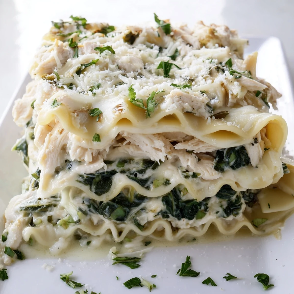 Chicken Alfredo Lasagna bubbling hot from the oven with melted mozzarella cheese and crispy edges.