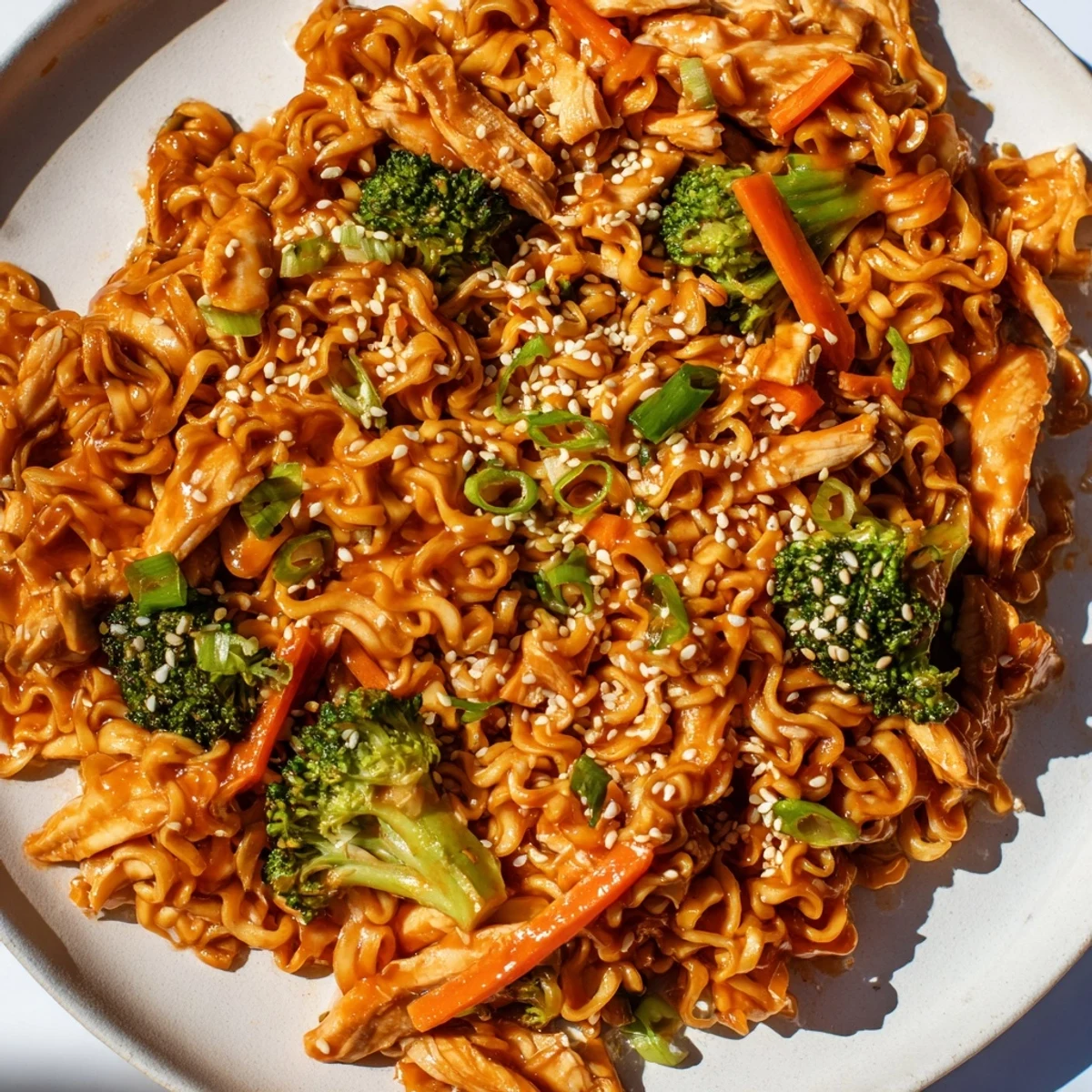 Steaming Spicy Ramen Stir-Fry, with tender chicken and bright vegetables in a glossy, flavorful sauce.