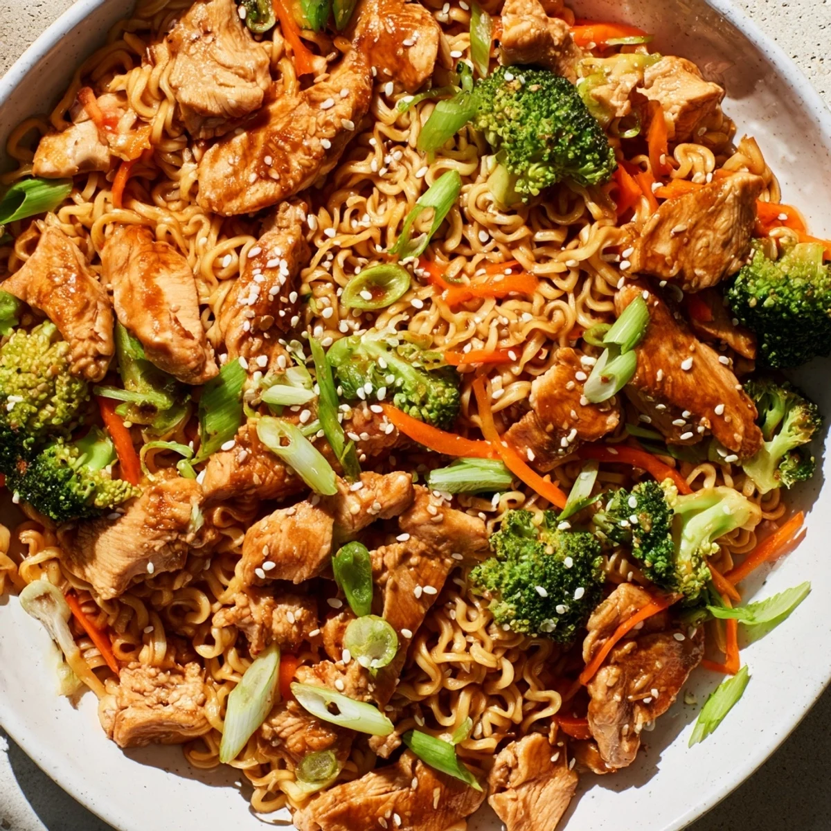 A close-up shot of this flavorful Spicy Ramen Stir-Fry, featuring noodles and chicken.