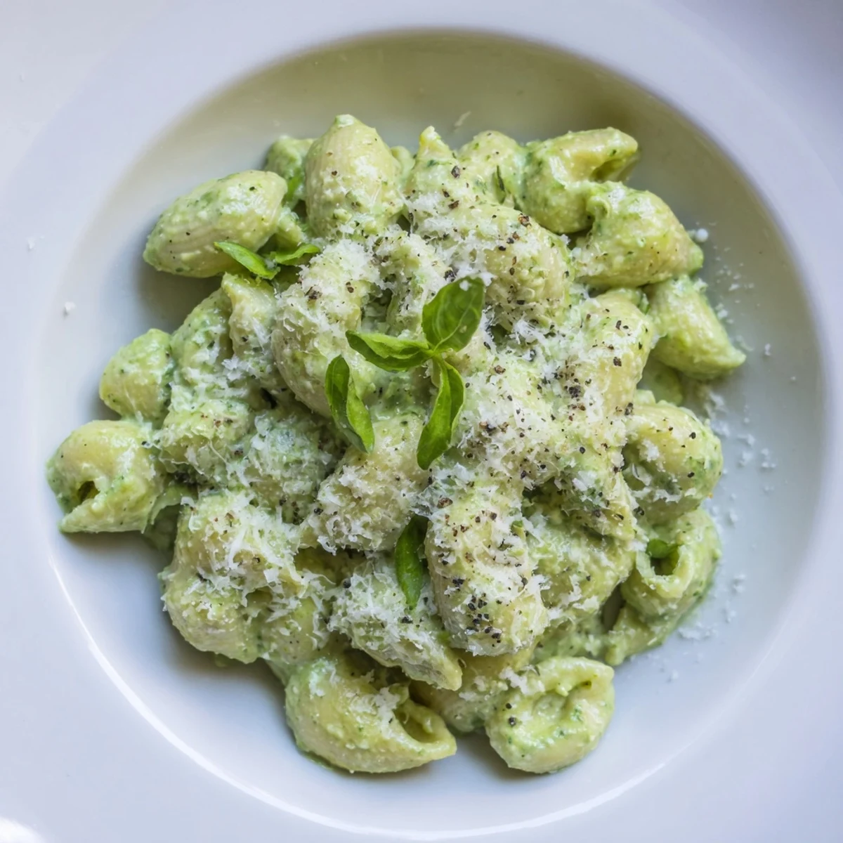 Close-up of Creamy Avocado Pesto Mac; bright green pesto sauce coats perfectly cooked pasta for lunch.