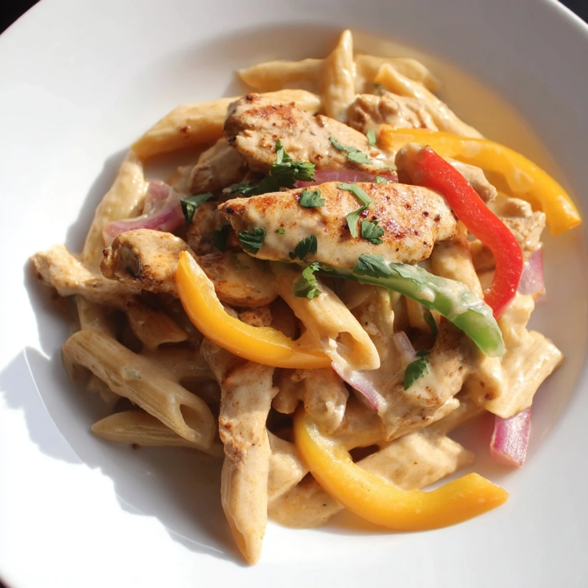 Fajita Chicken Pasta Skillet is bubbling, featuring colorful peppers and creamy cheese sauce that visually tempts.
