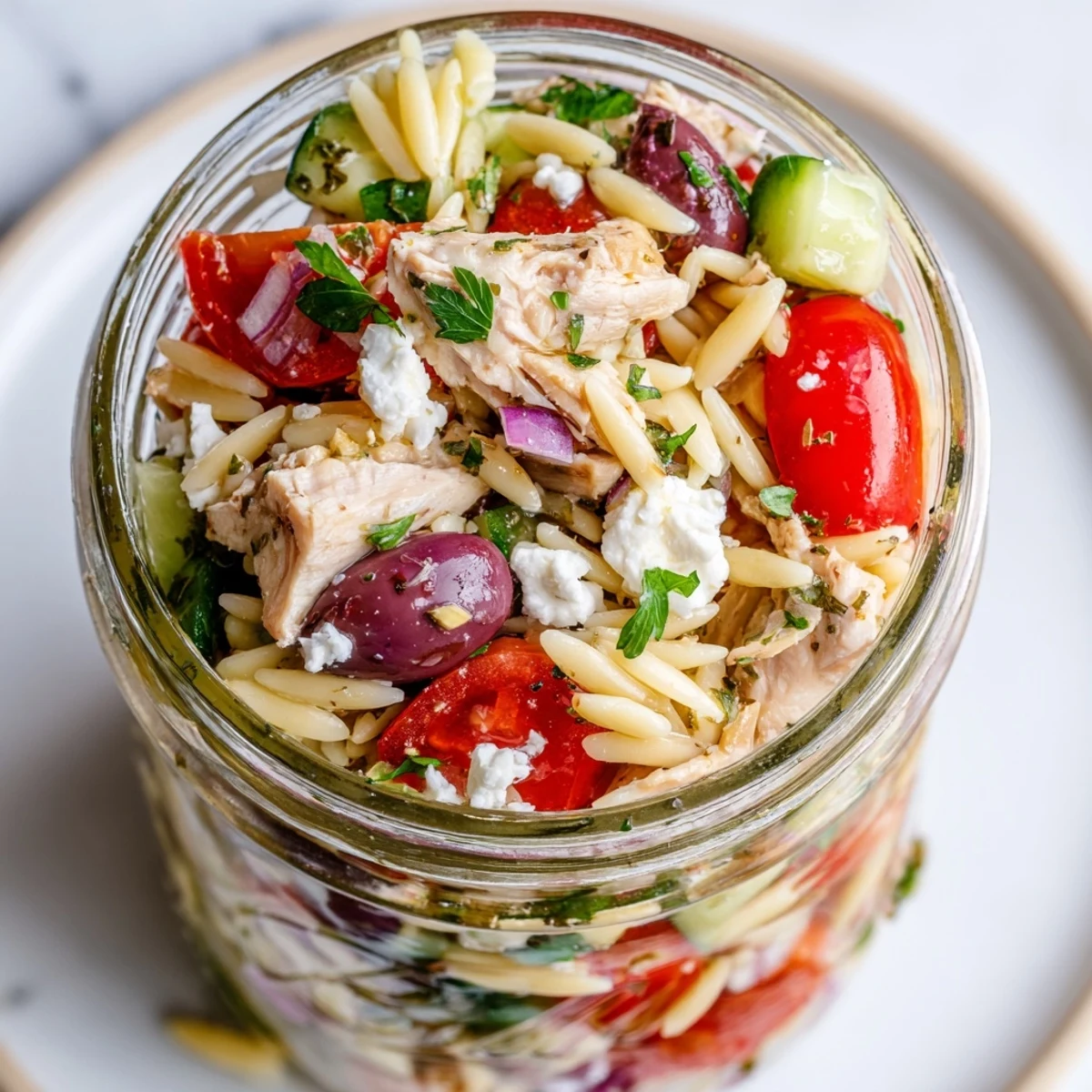 Greek Pasta Chicken Salad Jars are layered with bright vegetables, chicken, and creamy feta, ready to eat.