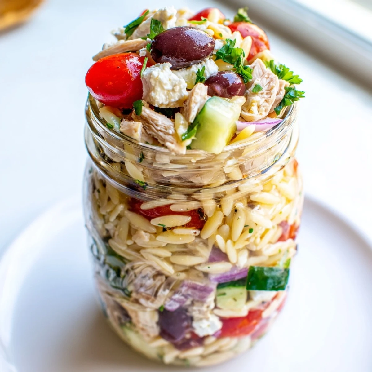 These packed Greek Pasta Chicken Salad Jars ready for lunch demonstrate beautiful layers ready to be tossed.