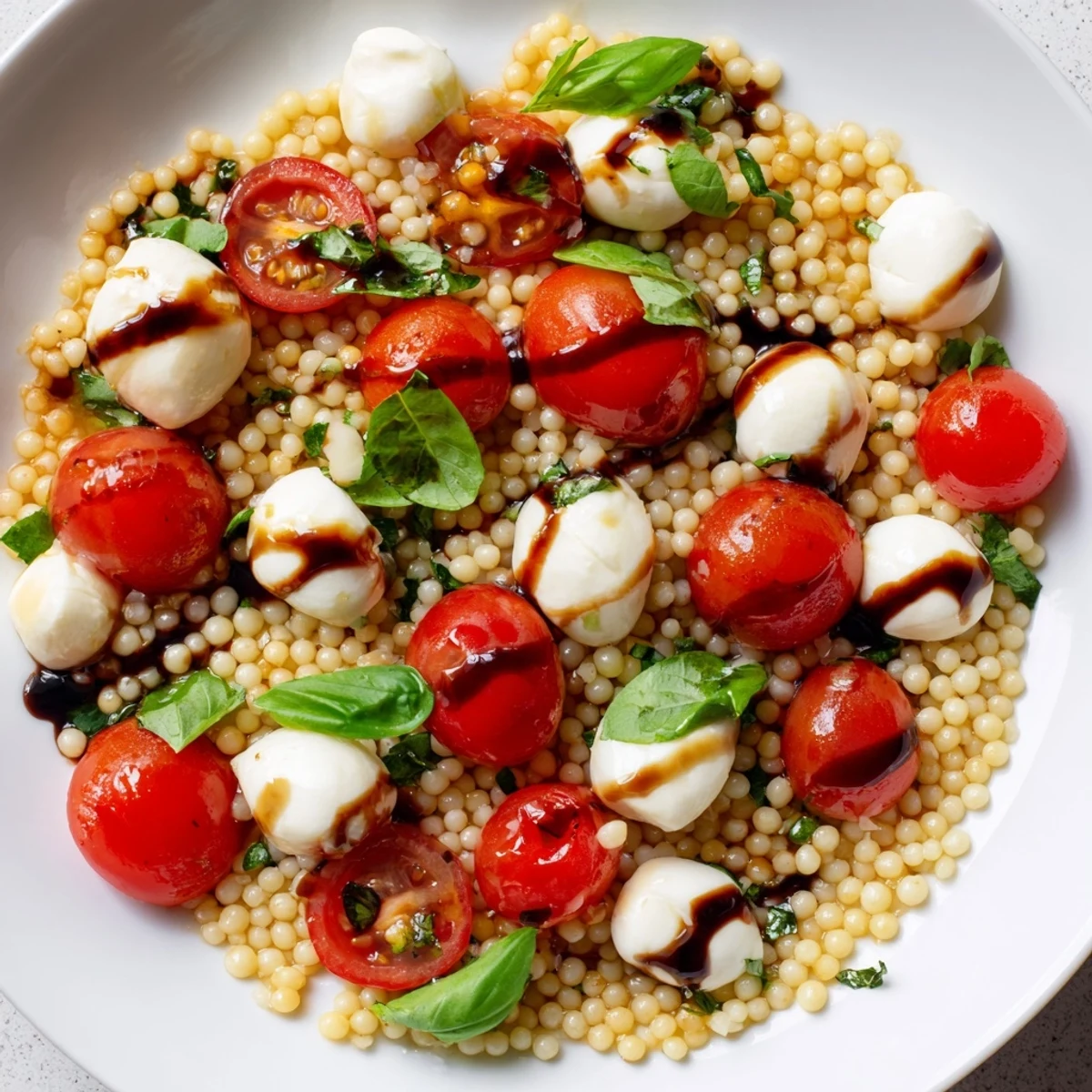 This flavorful Caprese Couscous Salad features tender couscous alongside creamy mozzarella and cherry tomatoes.