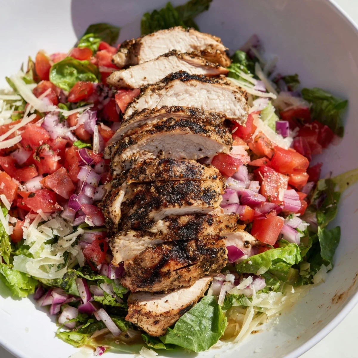 Savory Bruschetta Chicken Salad overflowing with a bright tomato bruschetta, is ready to eat.