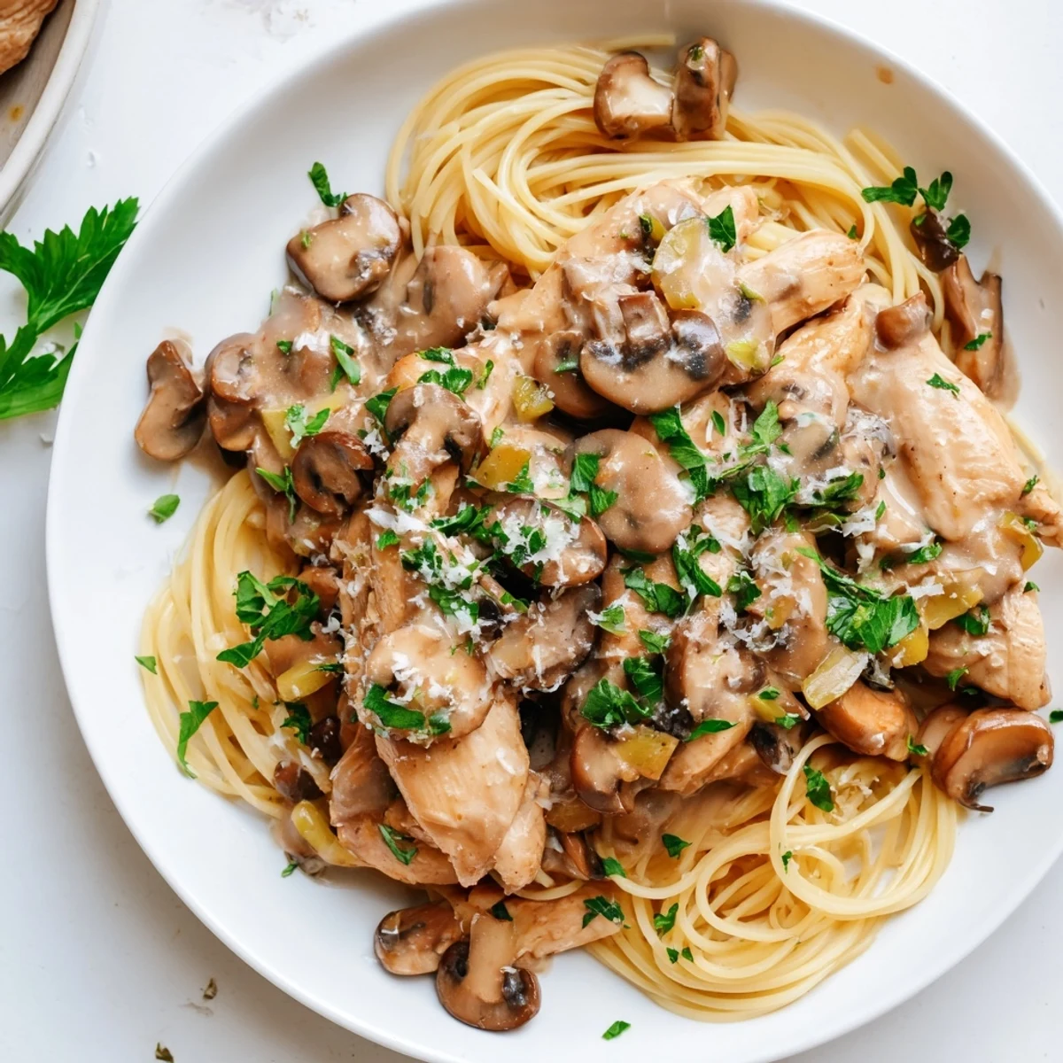 Enjoy a comforting bowl of creamy mushroom chicken spaghettini, a light but flavorful Italian-inspired dish.