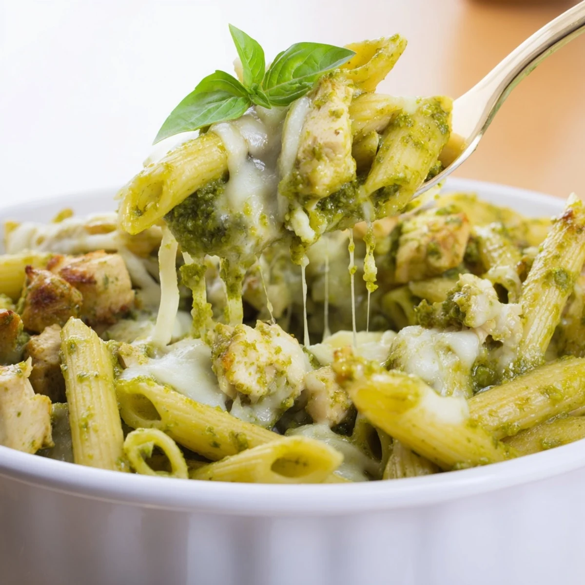 A close-up of steaming Pesto Chicken Pasta Bake, showing the creamy texture and flavorful, baked cheese topping.