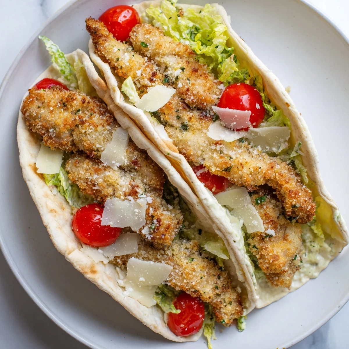 Golden, crispy crust of Crispy Herbed Chicken Caesar Pitas, nestled inside warm, soft pita bread.