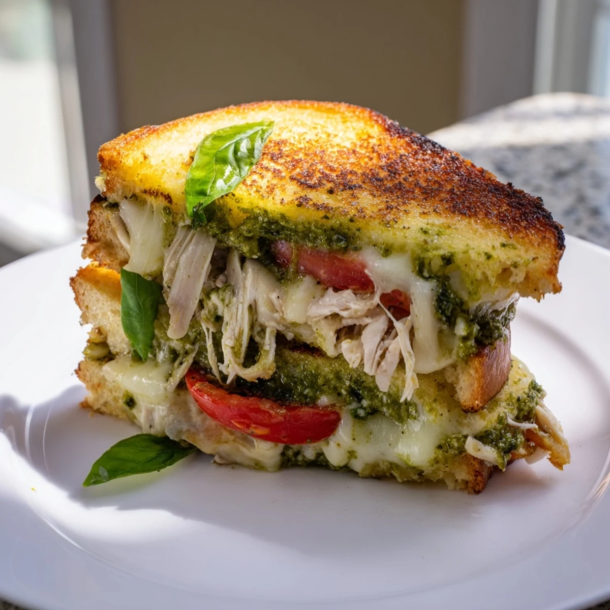 This mozzarella pesto chicken grilled cheese shows off warm, oozing cheese and perfectly grilled bread.
