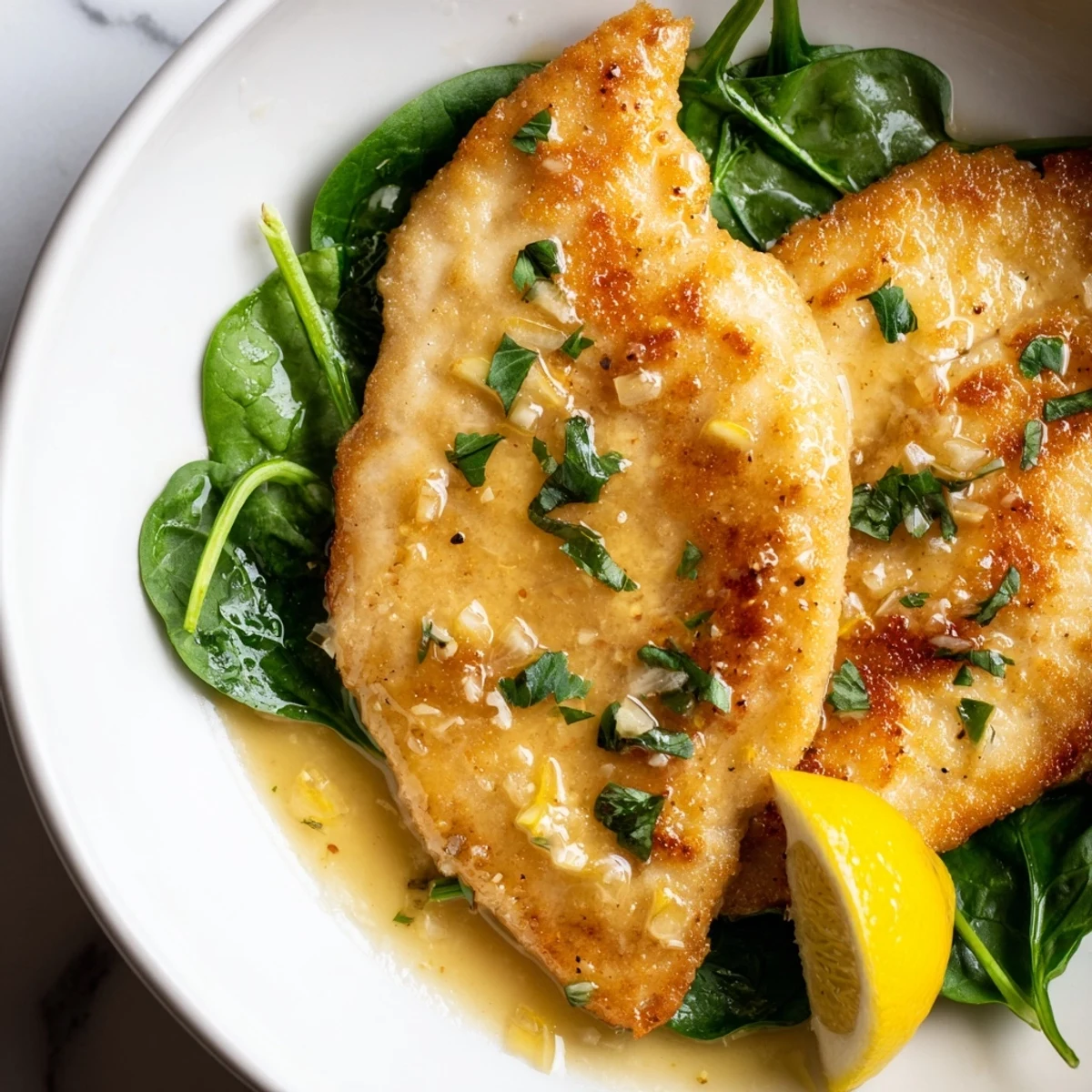 Golden pan-seared Spinach Lemon Butter Chicken, coated in a luscious, bright lemon sauce served atop spinach.