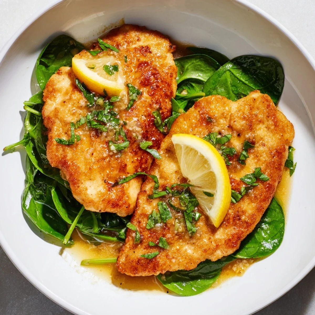 Imagine Spinach Lemon Butter Chicken: tender chicken cutlets swimming in a vibrant, creamy lemon–butter sauce, garnished with fresh parsley.