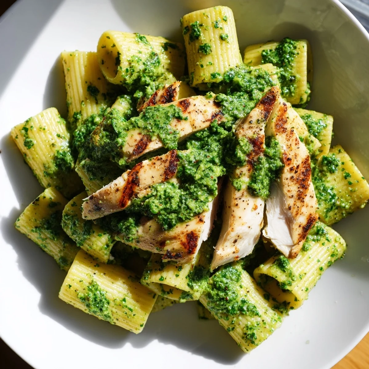 Chimichurri Chicken Pasta: A close-up of tender chicken and pasta glistening with vibrant herb sauce.