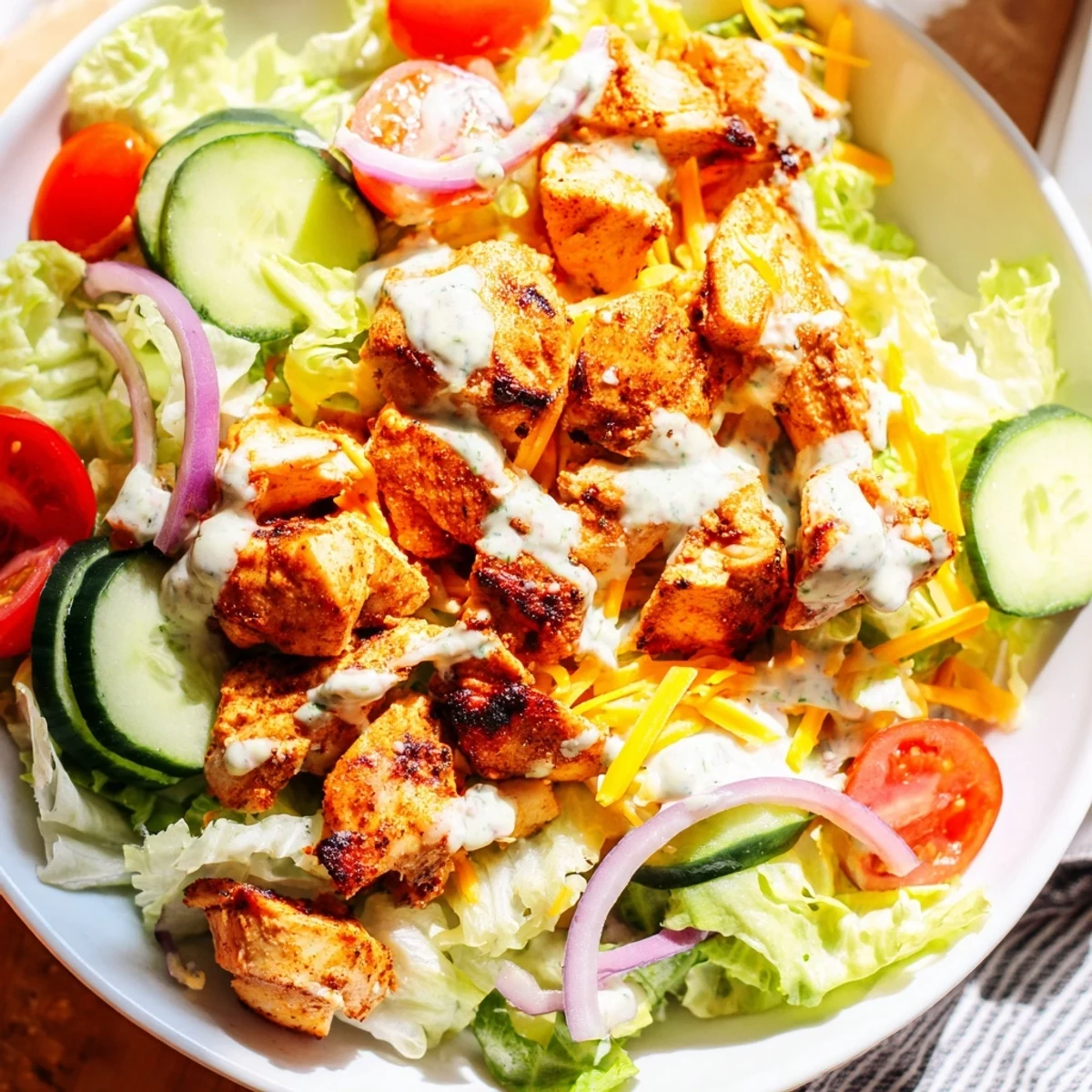 A visually appealing bowl of jalapeño ranch chicken salad, featuring fresh ingredients and a zesty dressing.