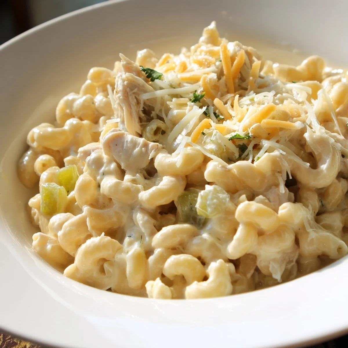 A steaming skillet of Green Chili Chicken Mac, showcasing tender chicken amidst cheesy goodness.