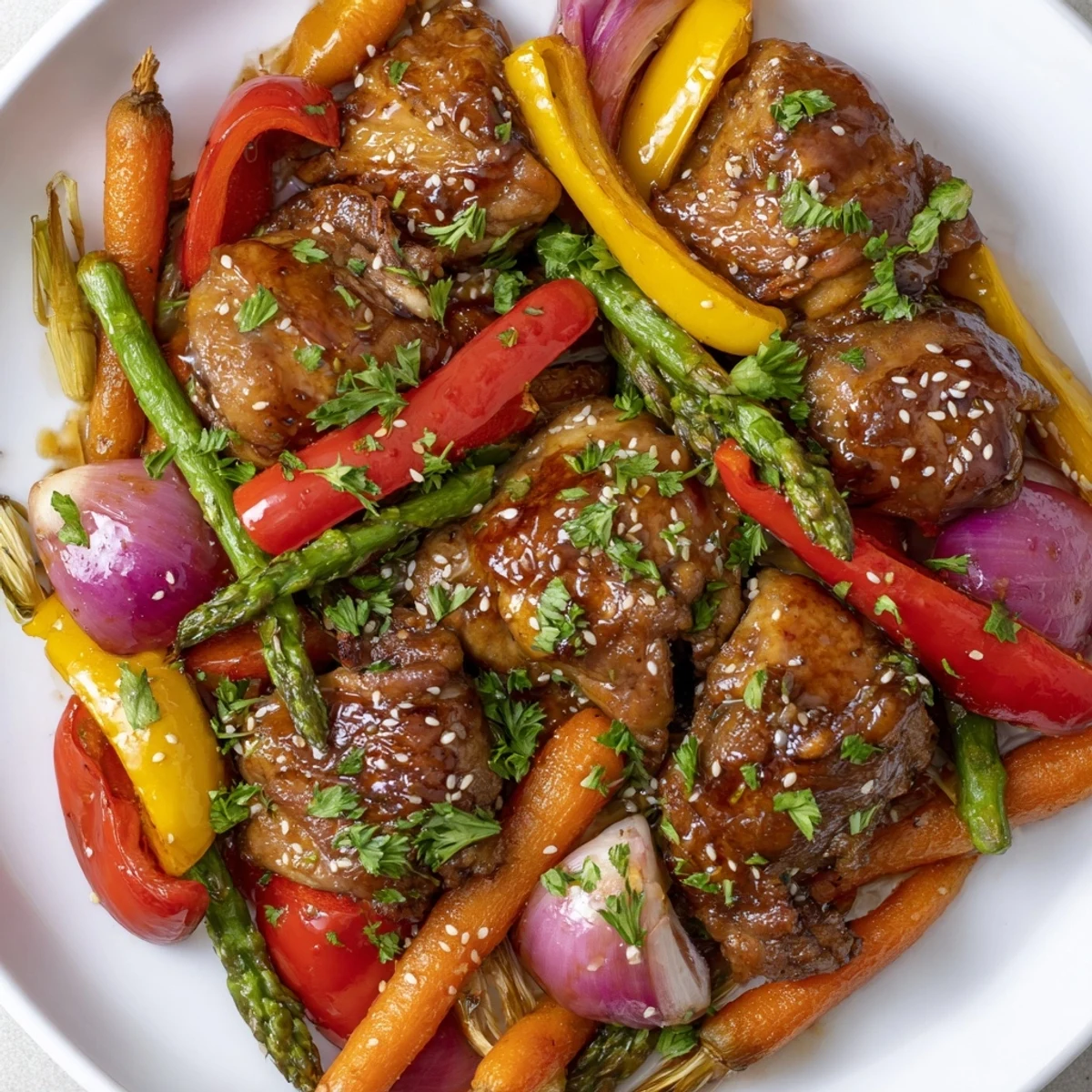 Sheet Pan Honey Garlic Chicken & Veg, a colorful array of roasted chicken and vibrantly glazed vegetables.