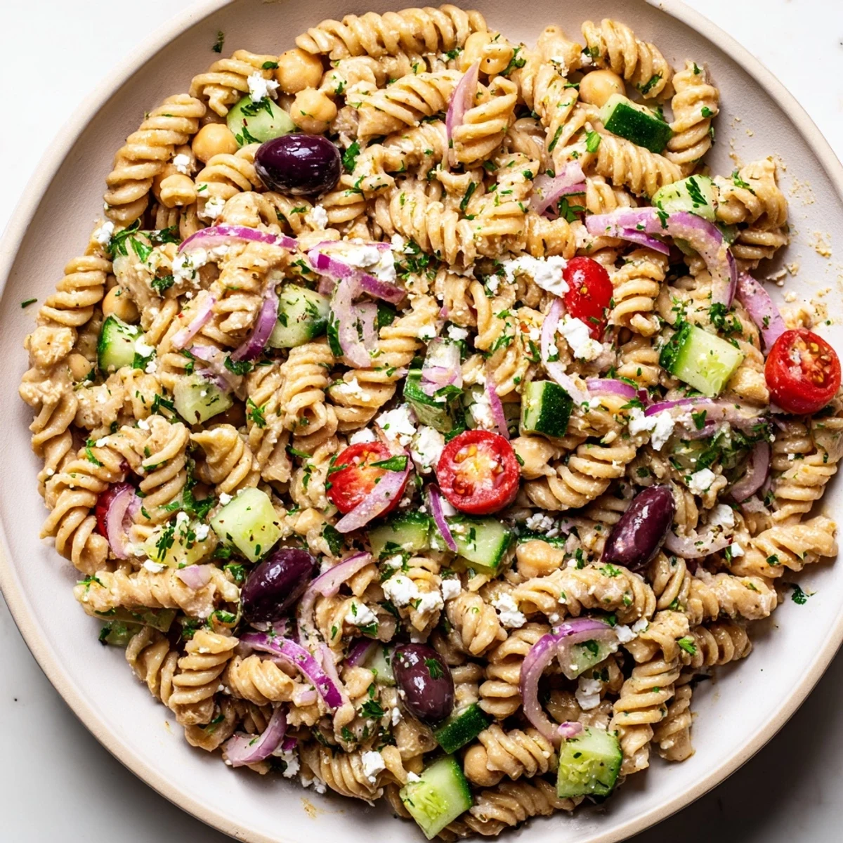 Bright, vibrant photo of zesty Lemon Herb Chickpea Pasta Salad, ready for a delicious summer meal.