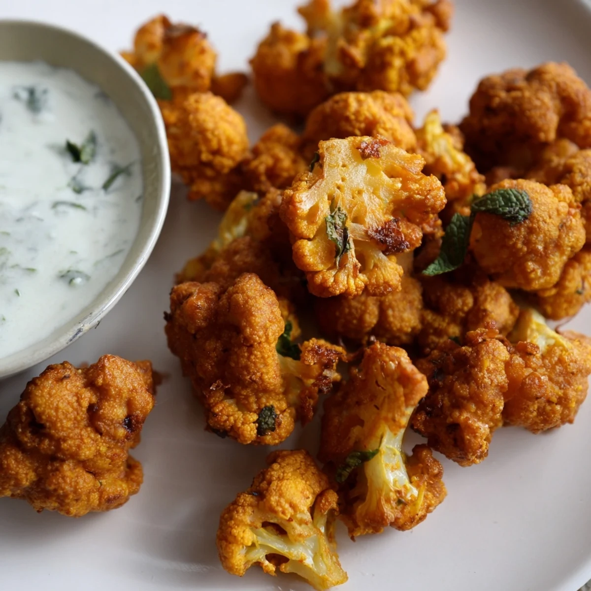 Golden-brown Cauliflower Bhajis fritters piled high on a plate, next to a bowl of green yogurt dip.