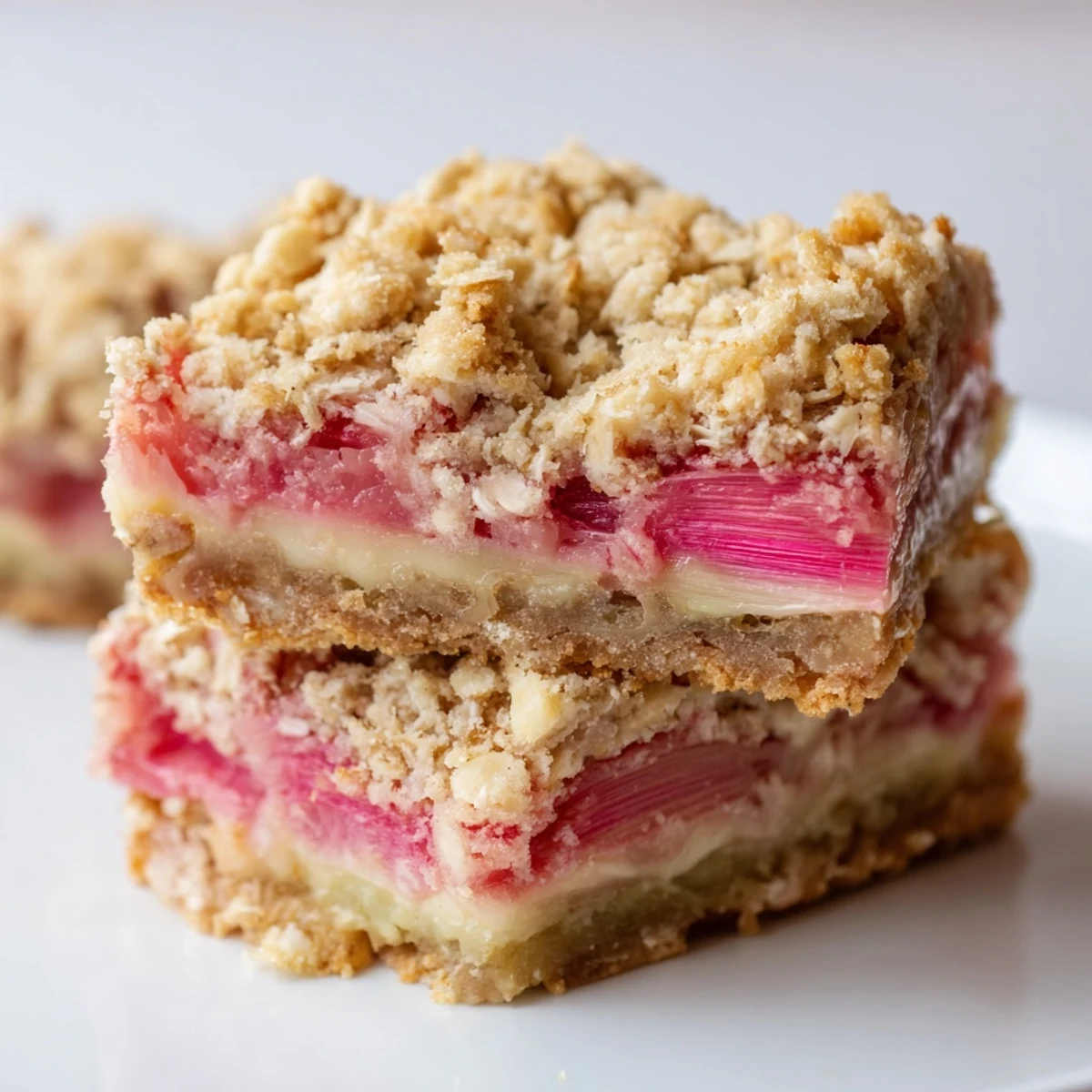A close-up of Rhubarb and Custard Crumble Bars on a rustic wooden board, showing the vibrant pink rhubarb layer and golden oat crumble topping.