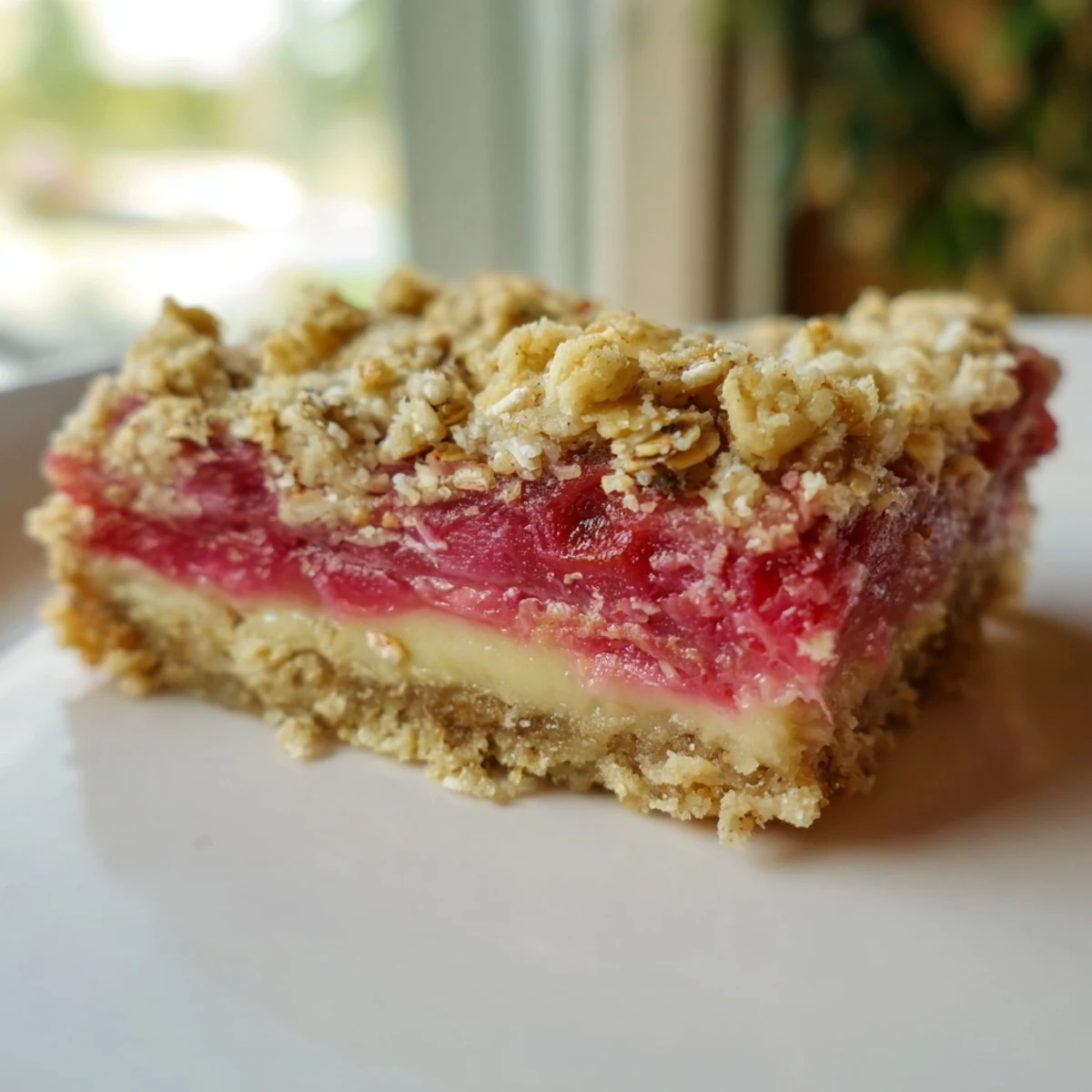 Overhead shot of freshly baked Rhubarb and Custard Crumble Bars cut into squares, with a drizzle of vanilla custard on the side for serving.