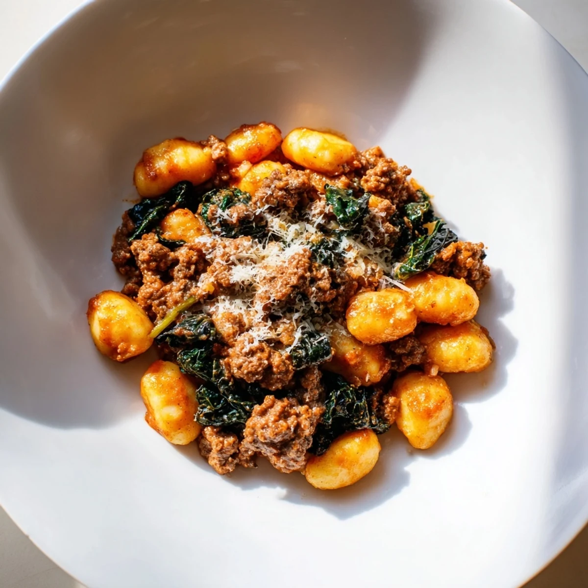 Savory sausage gnocchi with kale in a rich, spicy tomato sauce, finished with Parmesan for a cozy weeknight meal.