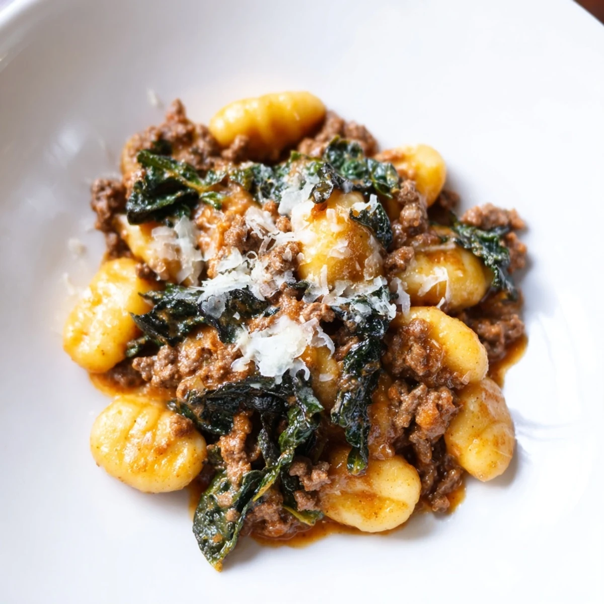 Easy 30-minute sausage gnocchi with kale, garnished with fresh basil and extra Parmesan for a comforting family dinner.