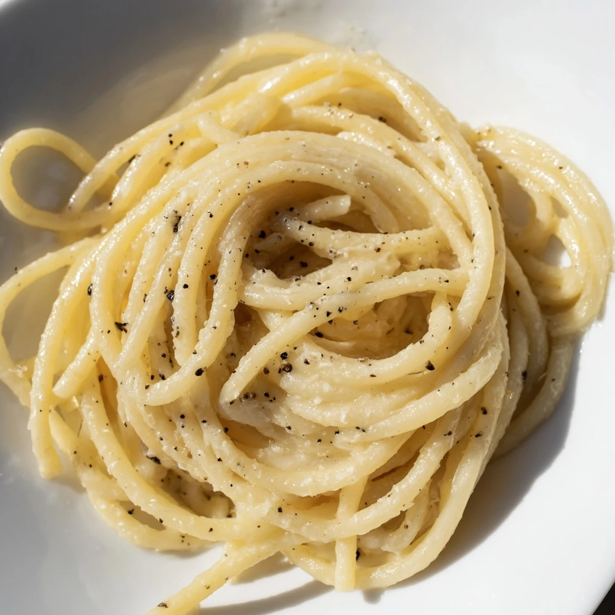 Steaming Cacio e Pepe pasta with a creamy Pecorino Romano and black pepper sauce, garnished with extra cheese.