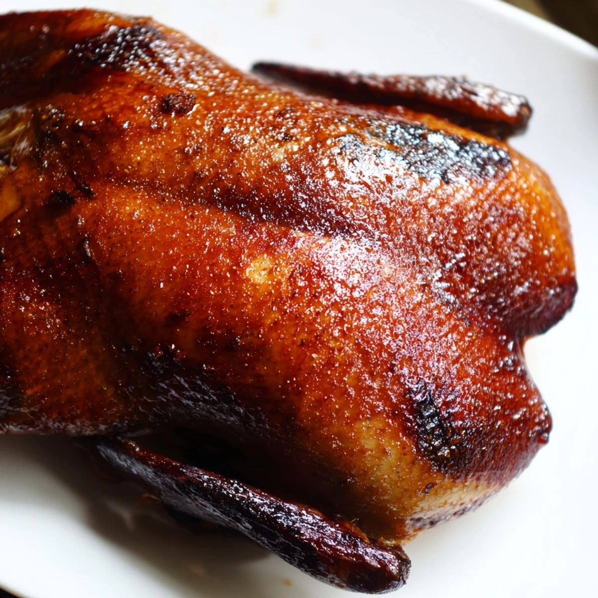 Golden Five-Spice Roast Ducks glazed with honey, presented on a rustic platter with roasted orange wedges and star anise for a festive main course.