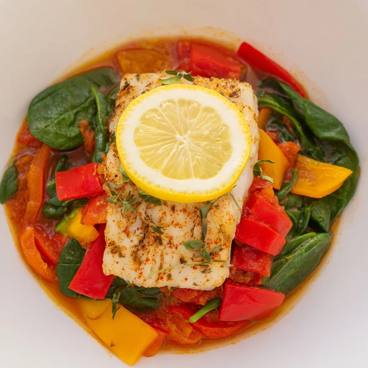 A one-pot spiced cod simmering in a rich, aromatic tomato and vegetable broth with vibrant red bell peppers and fresh lemon slices.  