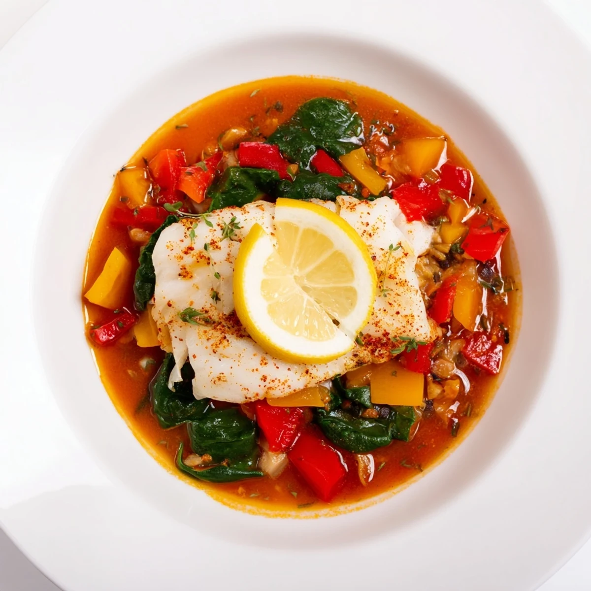 Savory spiced cod nestled among tender baby spinach and diced vegetables in a warm, savory sauce, garnished with fresh cilantro and lemon wedges.  