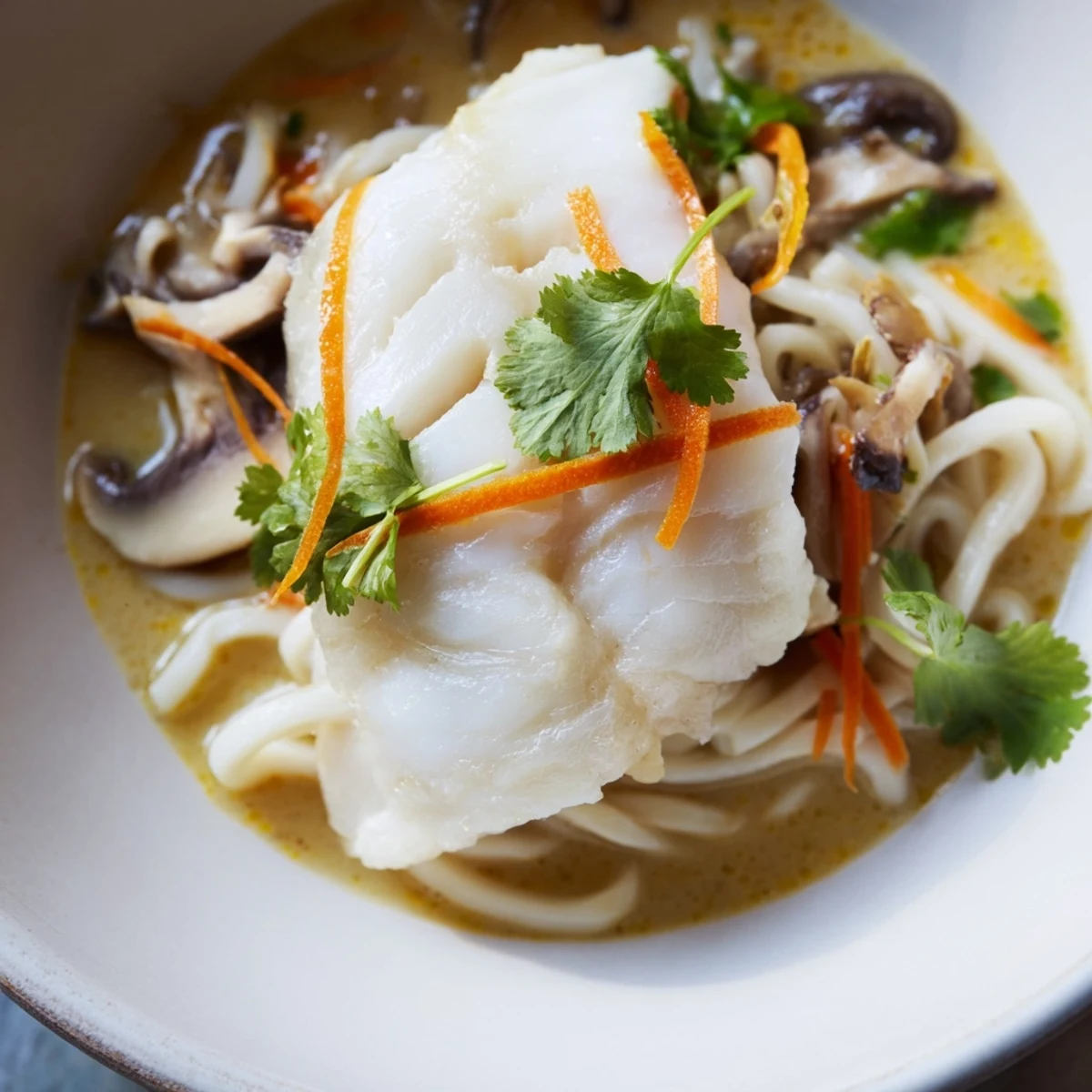 A close-up of Poached Cod With Spiced Coconut Broth and Udon Noodles in a white bowl, featuring tender fish, vibrant green spinach, and julienned carrots.