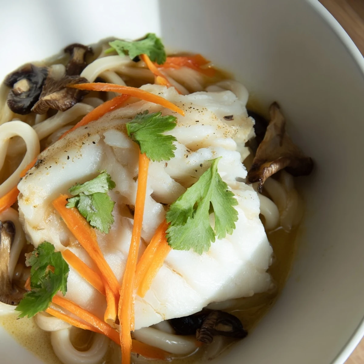 Stunning overhead view of Poached Cod With Spiced Coconut Broth and Udon Noodles, garnished with fresh cilantro and sliced green onions for a quick, nourishing meal.